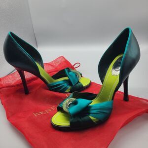 Rene Caovilla Satin Open Toe Pumps Green Bow Rhinestones Sz 37.5/ US 7 Italy